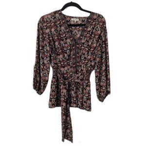 Max Studio Women’s Floral Blouse Medium V-Neck with Waist Tie